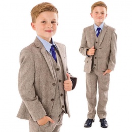 Boys Brown Tweed Herringbone 5 Piece Jacket Suit